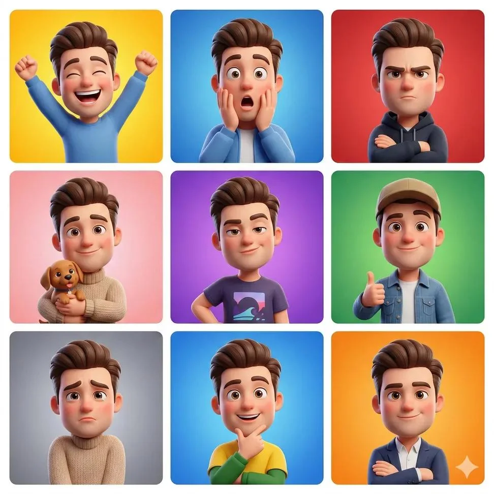 3D cartoon avatar character showing different emotions