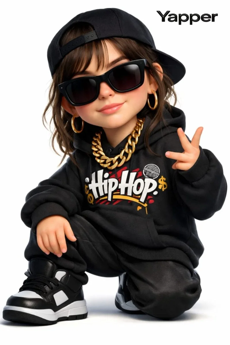 Create a 3D cartoon-style woman with a rap style the
