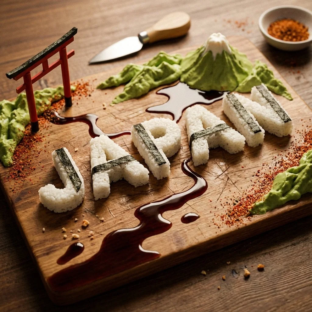 A charcuterie-style board presents JAPAN as an edible