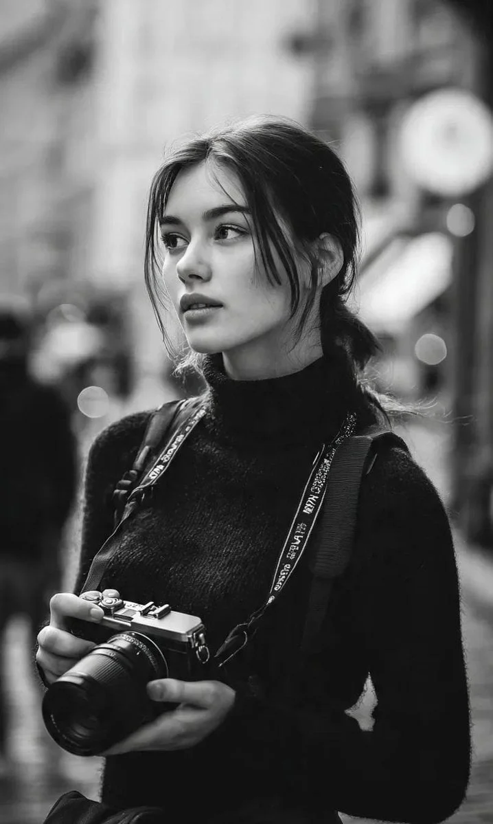 A cinematic black-and-white street portrait of a young