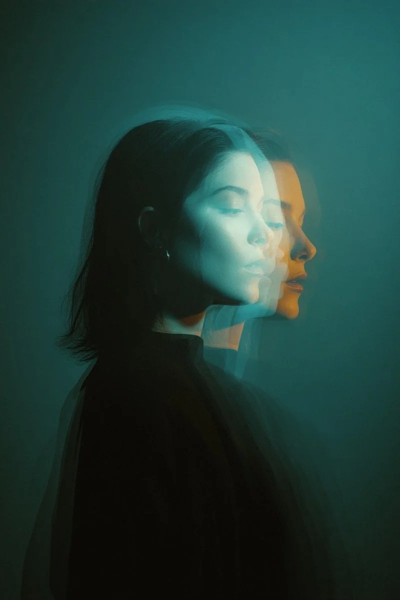 Cinematic double exposure portrait of a woman in side