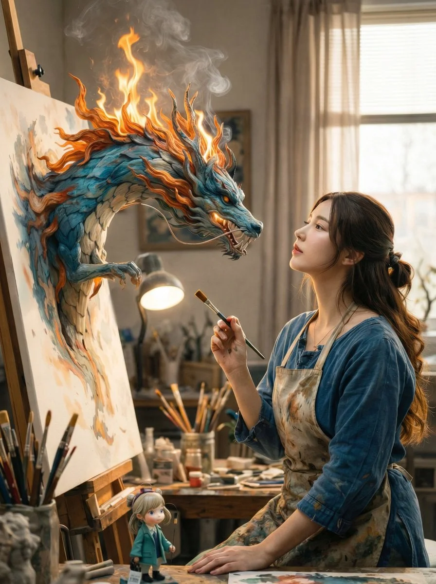A cinematic fantasy scene inside a cozy artist s studio
