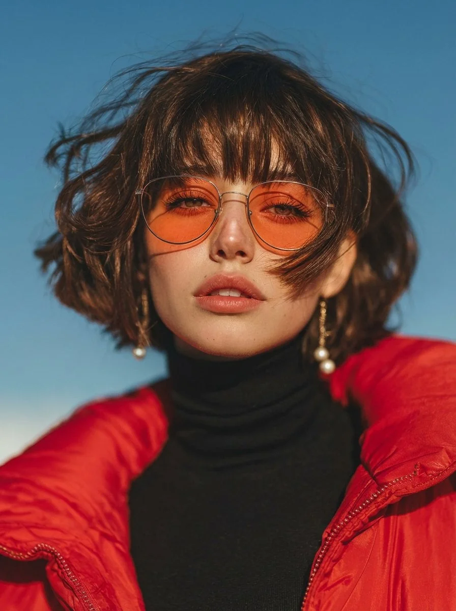 A cinematic fashion portrait of a young woman with a