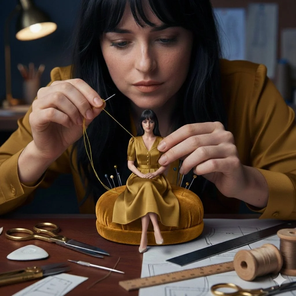 A cinematic fashion studio scene of a woman hand-sewing