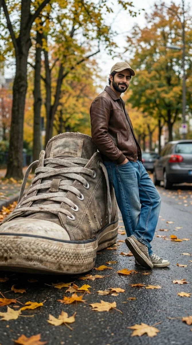 A cinematic forced-perspective street photography scene