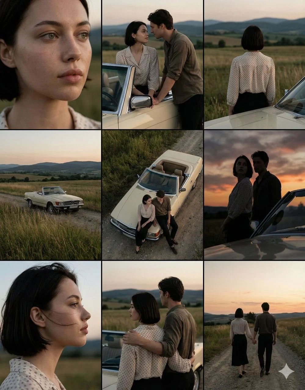 A cinematic 3 3 grid of film-still frames featuring the