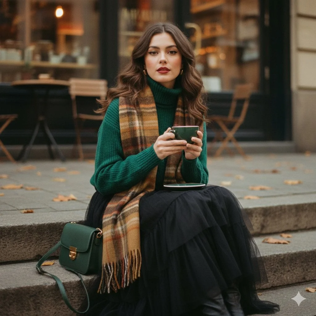 A cinematic 1970s-inspired fashion portrait of a young