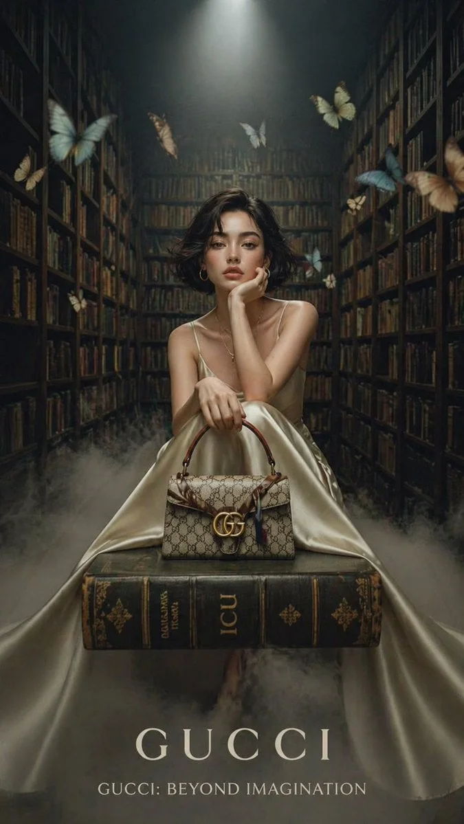 A Cinematic Luxury Fashion Editorial Set Inside a Grand Vintage Library with Tall