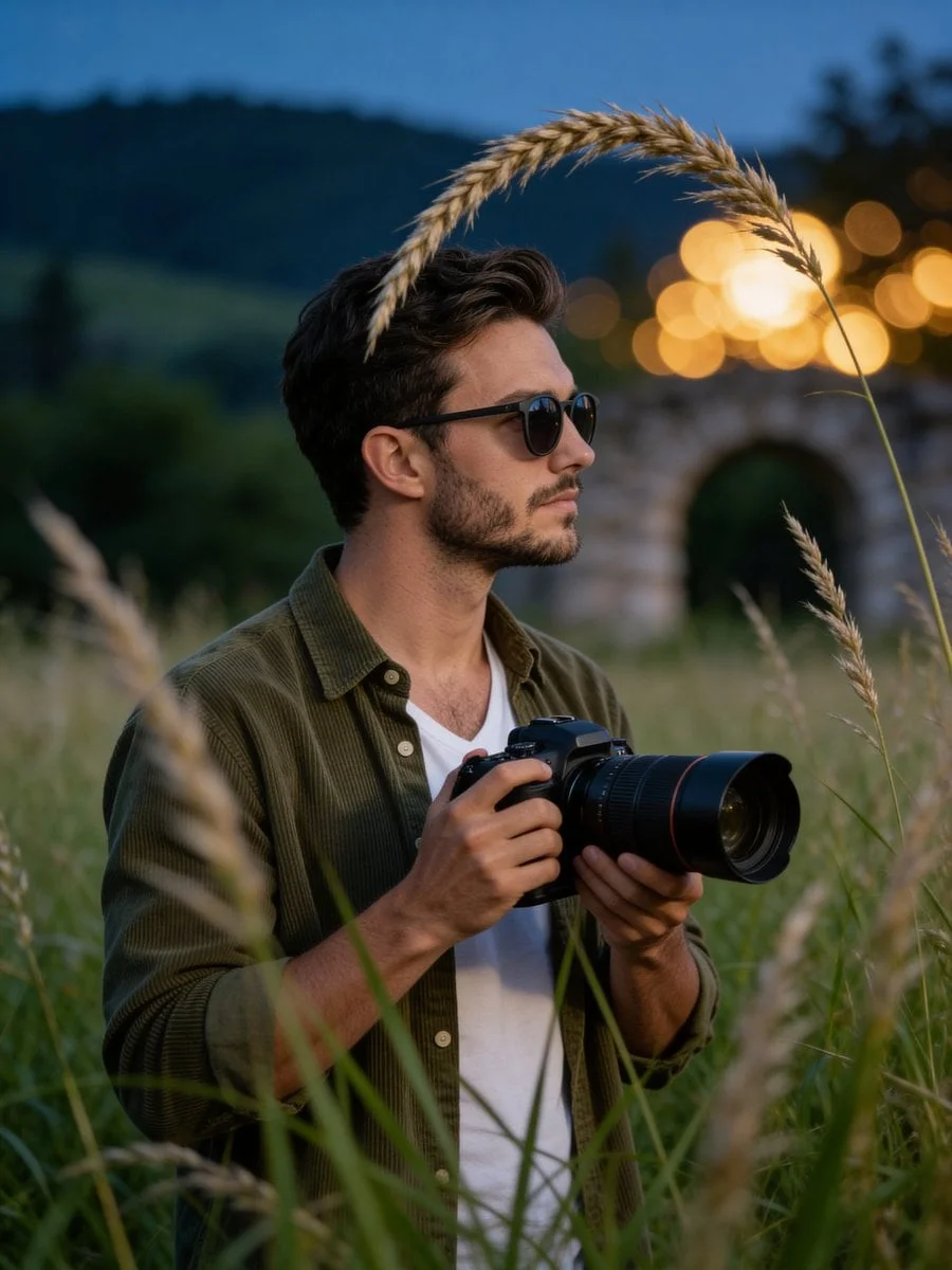 Cinematic medium shot of a young man with a trimmed