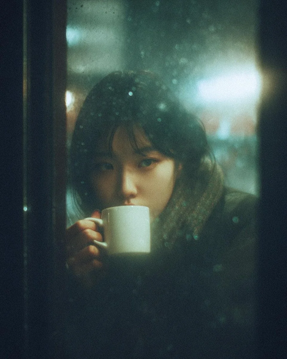 A cinematic moody photograph of a young woman sitting