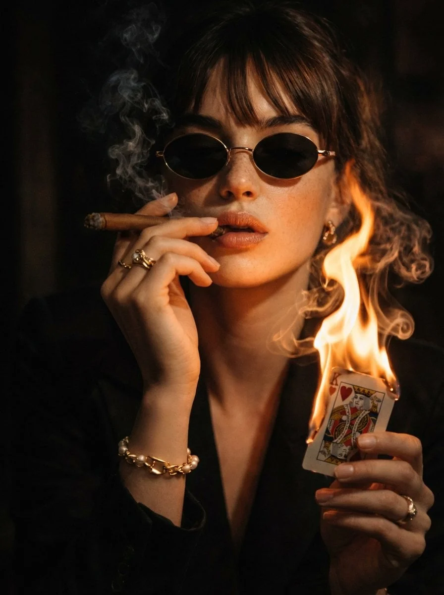 A cinematic moody portrait of a stylish women in dark