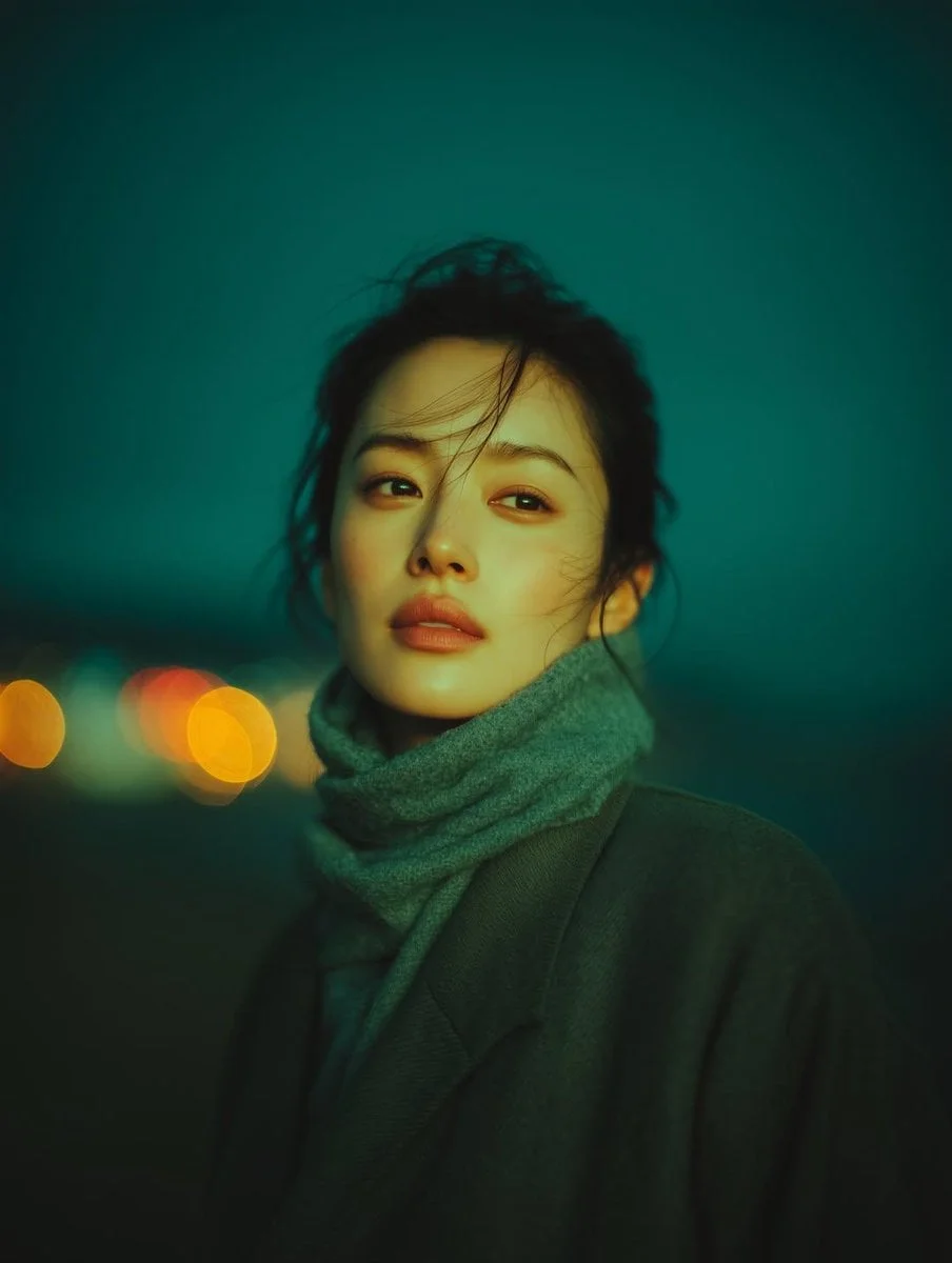 A cinematic night-time portrait of a young woman