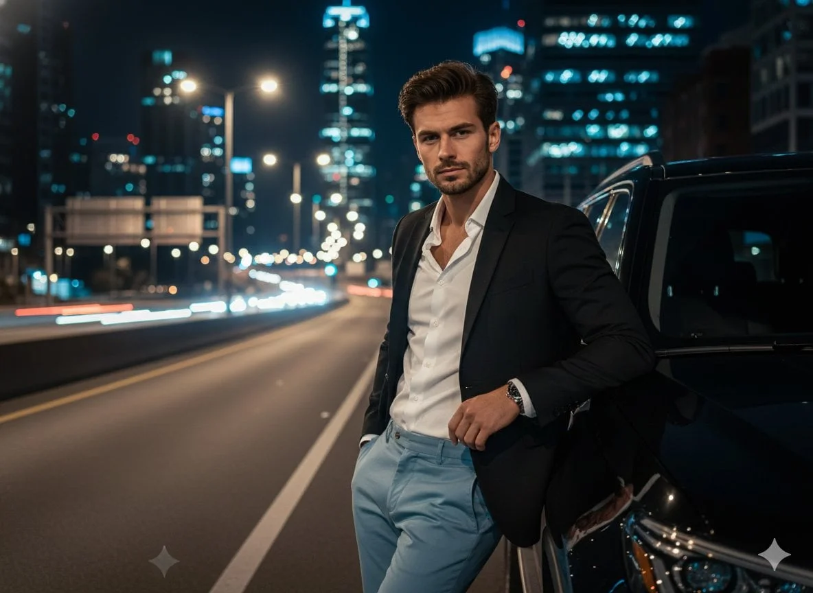 A cinematic night-time urban portrait of a confident