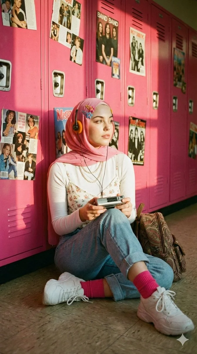 A cinematic nostalgic portrait of a young hijab woman