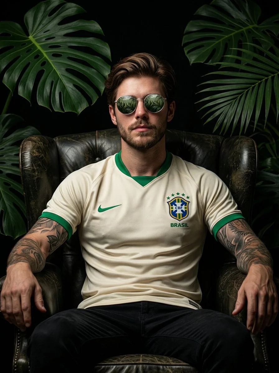 Cinematic Portrait of a Confident Football Player Sitting on a Dark Armchair