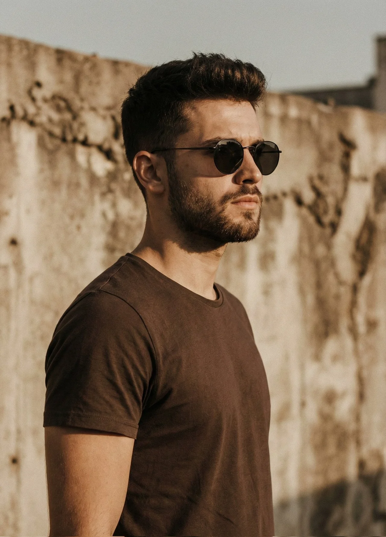 A cinematic portrait of a handsome man with a short
