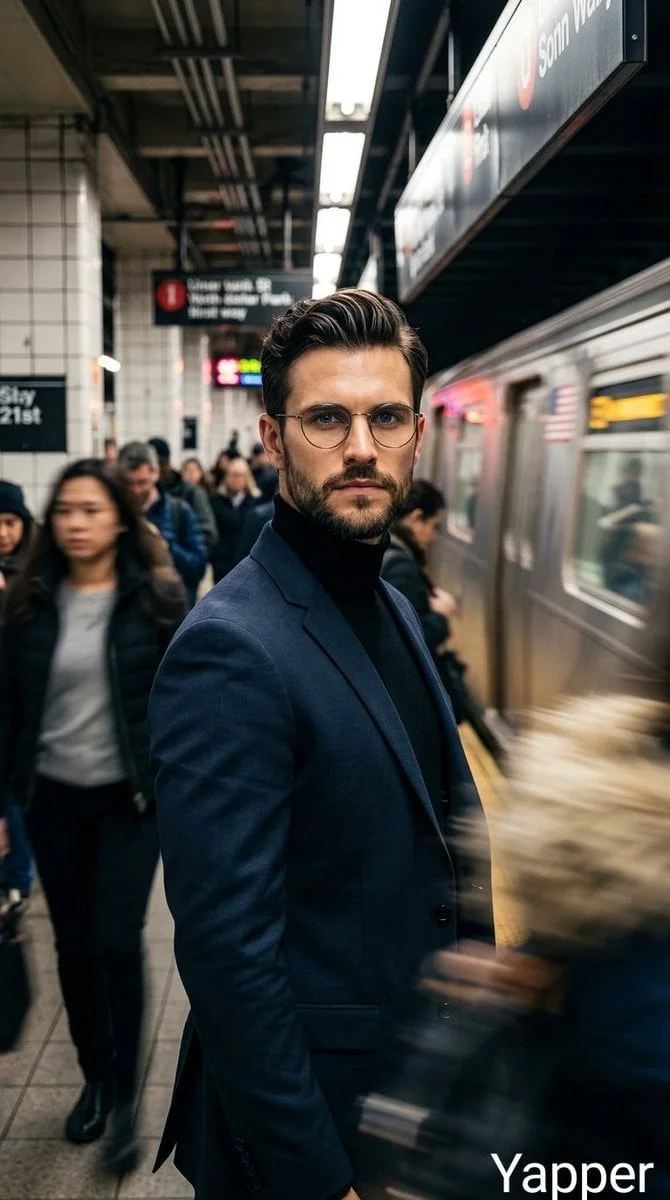 Cinematic portrait of a stylish man standing on a busy