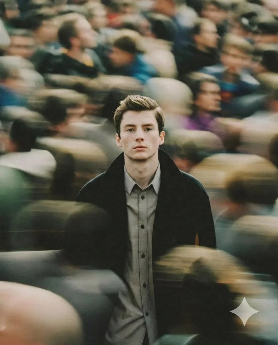 A cinematic portrait of a young man standing still in