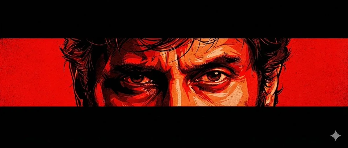 A cinematic poster-style artwork featuring an intense