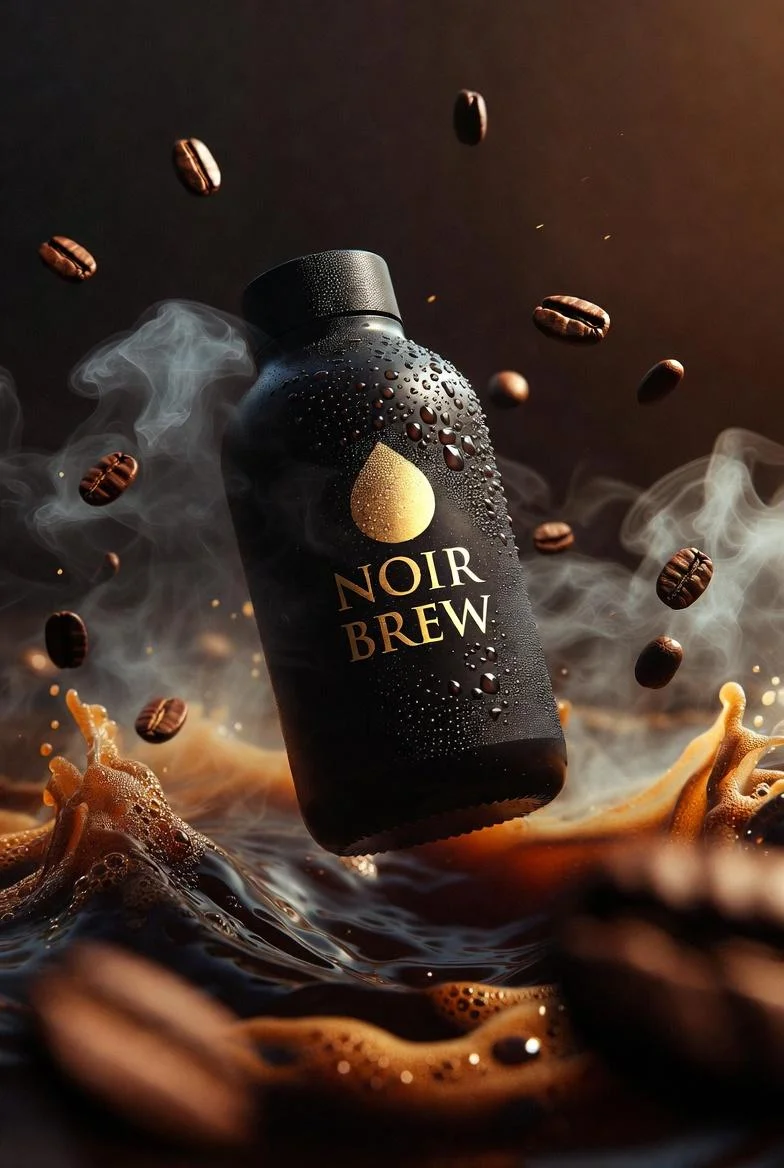 Ultra-cinematic premium coffee bottle labeled NOIR