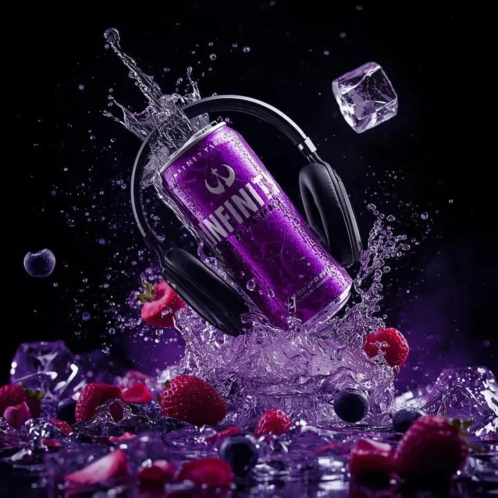 Ultra-cinematic product photography of a purple energy
