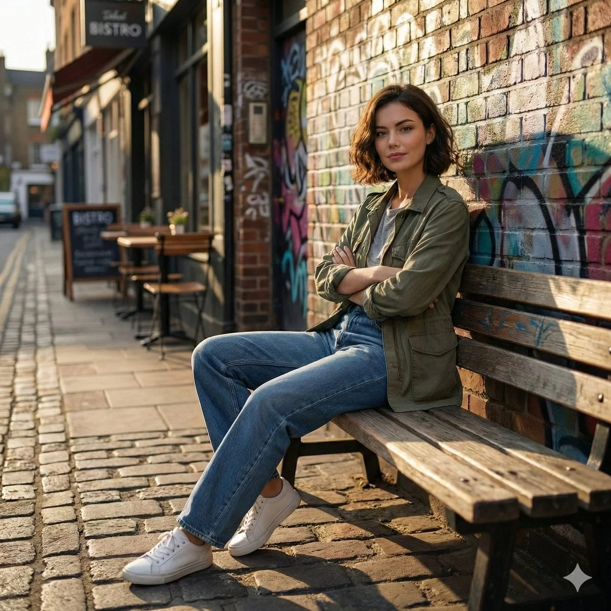 Cinematic realistic street scene beautiful young woman