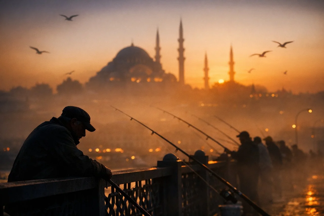 A cinematic silhouette shot of local fishermen lining