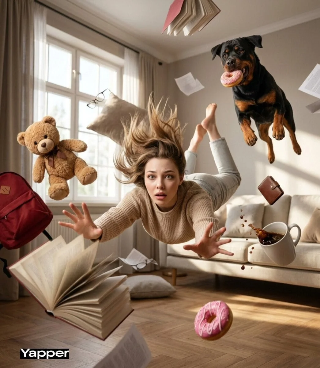 Cinematic Surreal Scene of a Young Woman Falling Forward Through a Swirling Vortex