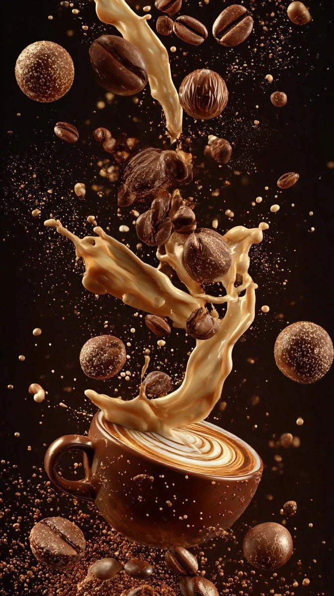 Ultra-cinematic vertical composition of coffee elements