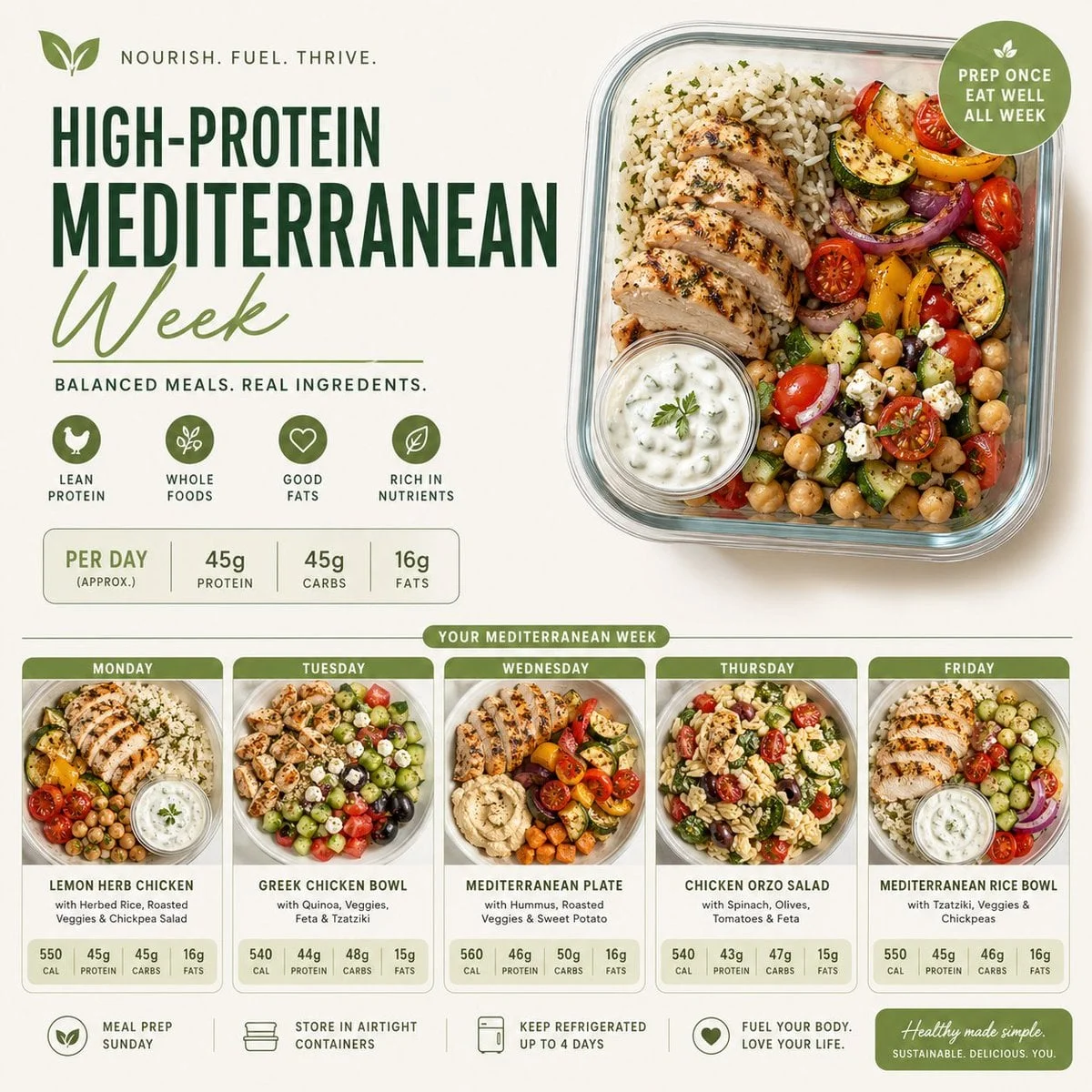 Clean appetizing meal prep layouts