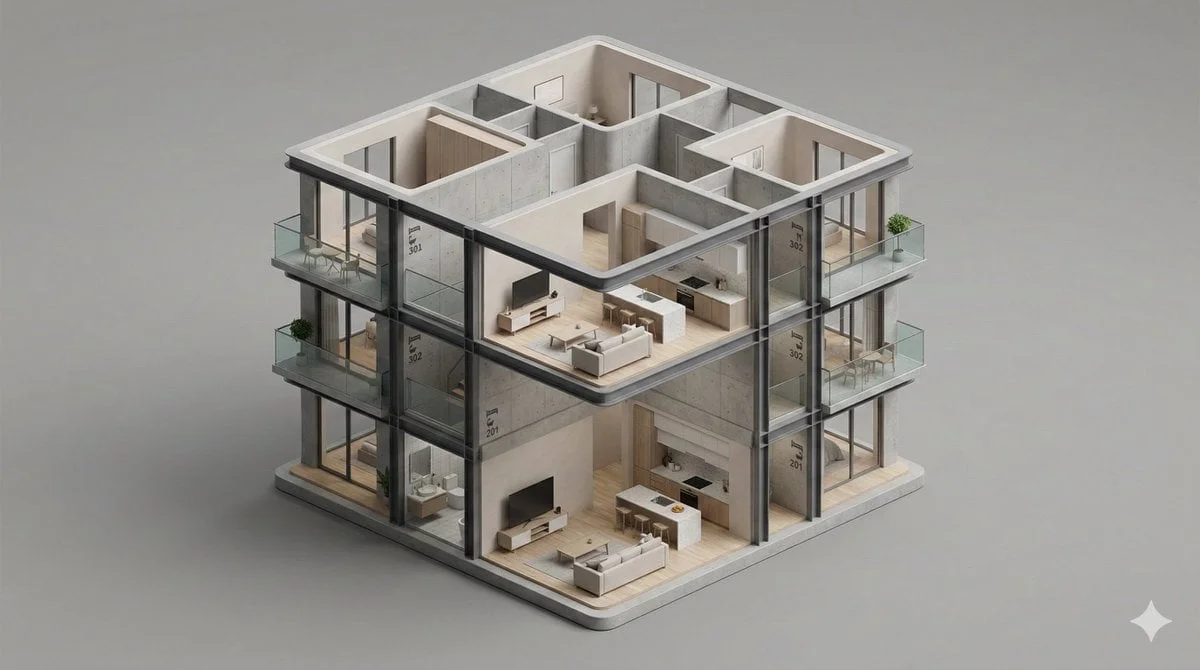 A clean minimal 3D isometric diorama of a BUILDING