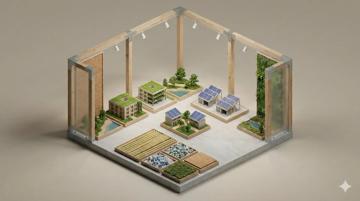 A clean minimal 3D isometric diorama of a EXHIBITION
