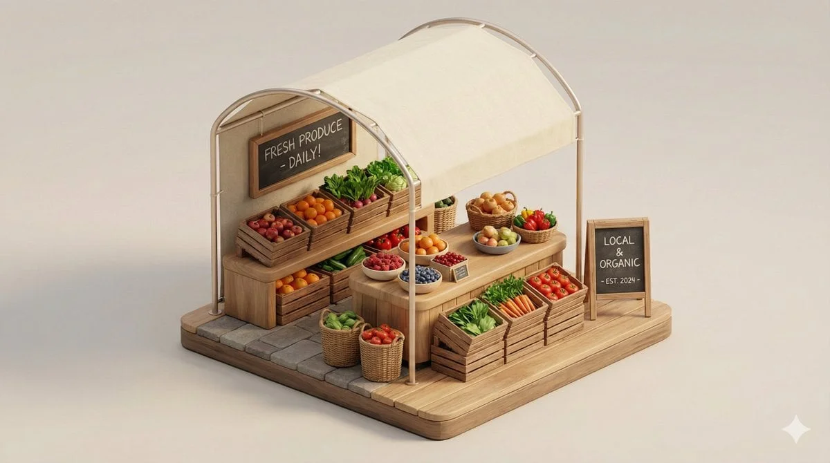 A clean minimal 3D isometric diorama of a URBAN RETAIL