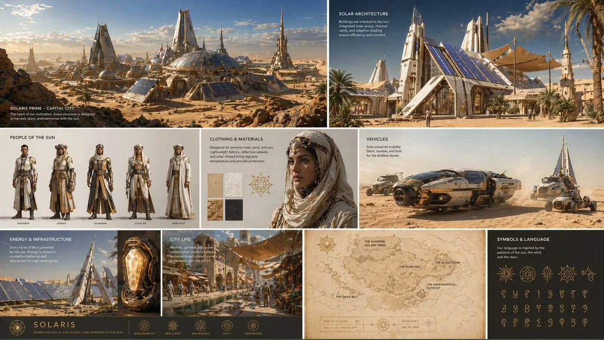 Create a complete visual worldbuilding set for a