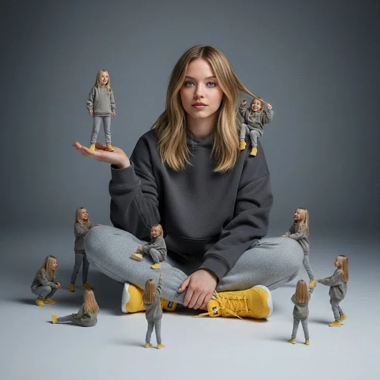 A creative surreal image of a woman sitting on the