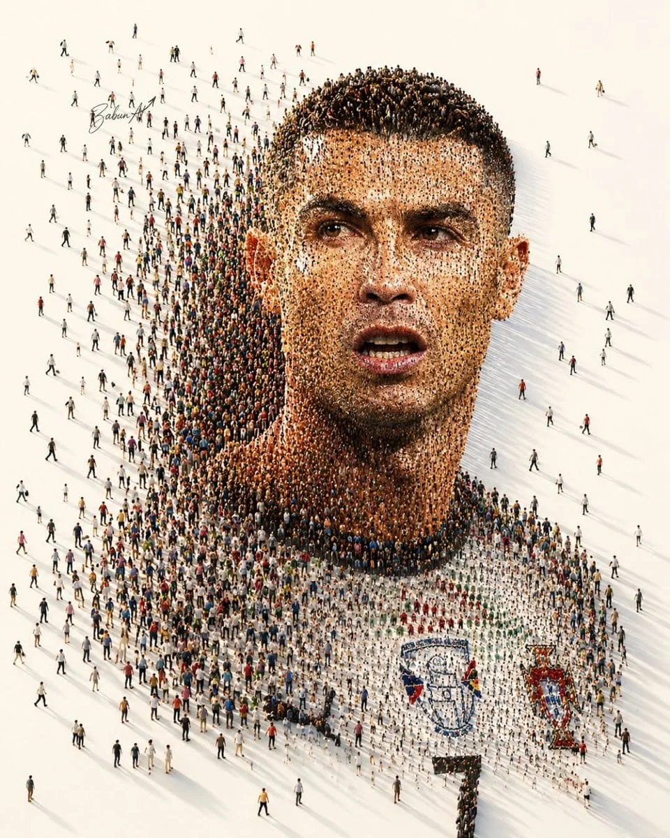 Ultra-detailed crowd mosaic portrait of a legendary