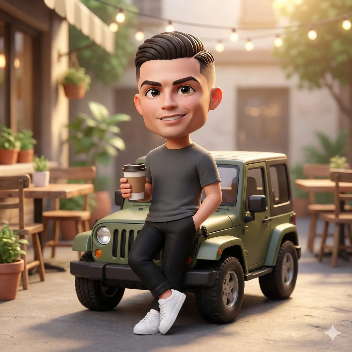 A cute 3D chibi-style character leaning against a parked