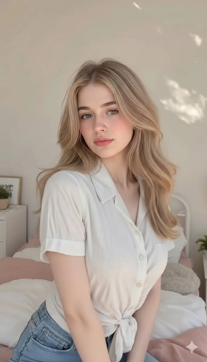 Cute innocent young adult blonde woman sitting