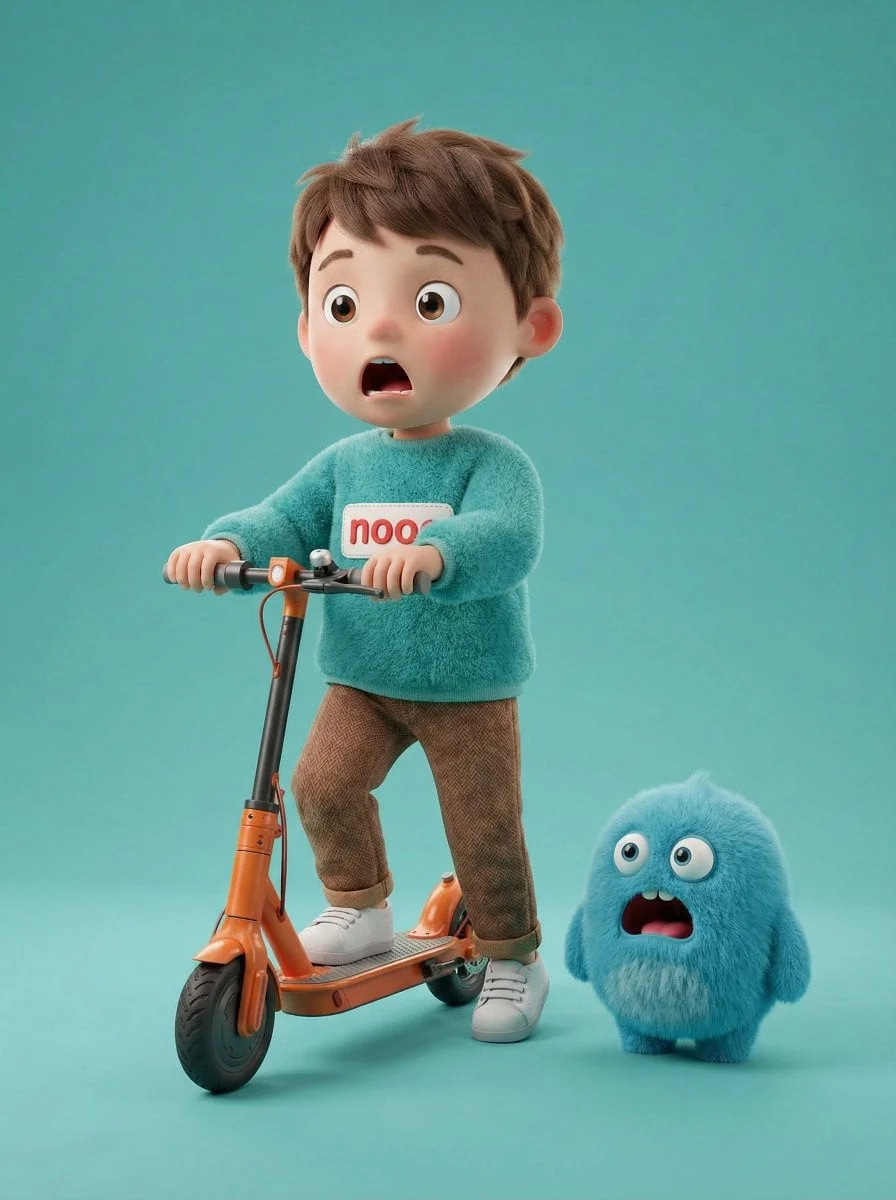 A high-quality 3D render of a cute young boy riding an