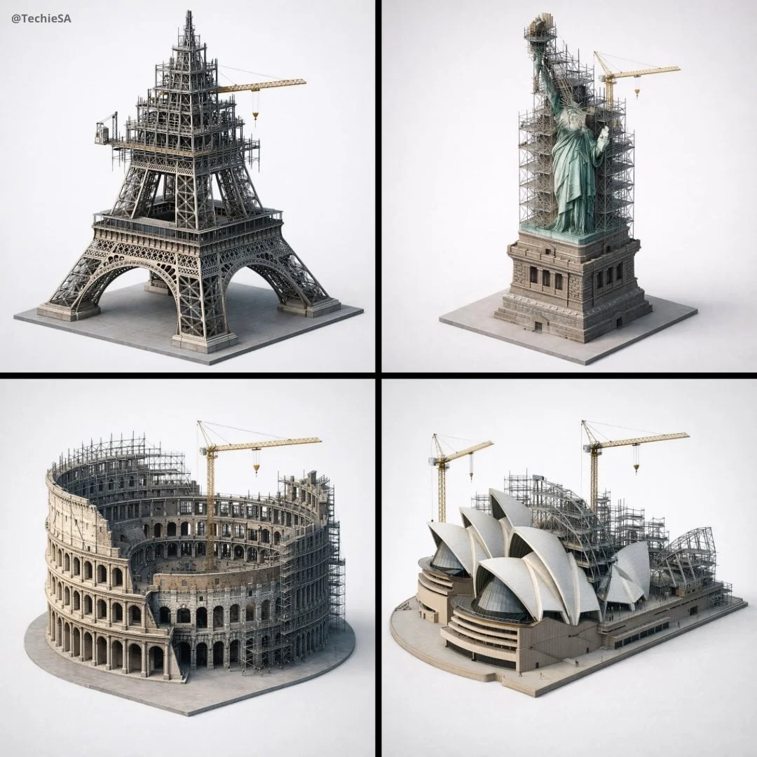 Depict LANDMARK frozen in an eternal state of construction