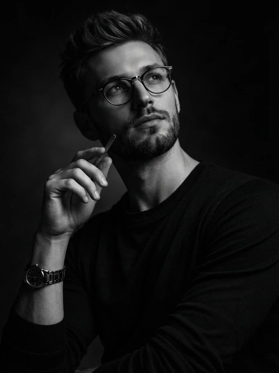 A dramatic black and white studio portrait of a