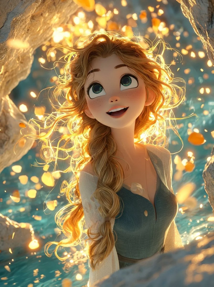 A dreamy cinematic 3D animated girl with big expressive
