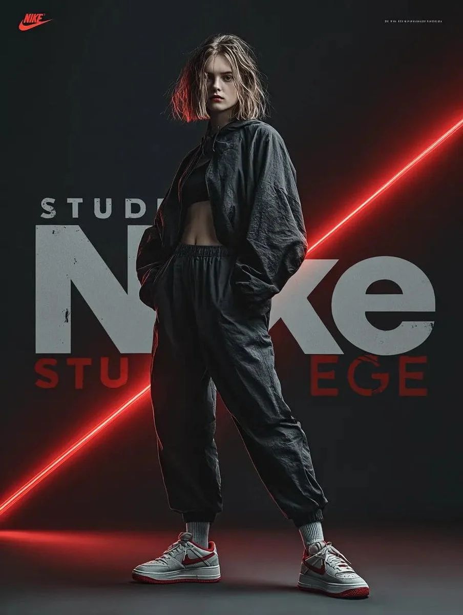 A dynamic fashion advertisement for Nike showing a