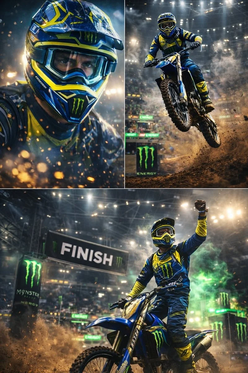 Ultra-dynamic motocross racing scene featuring a