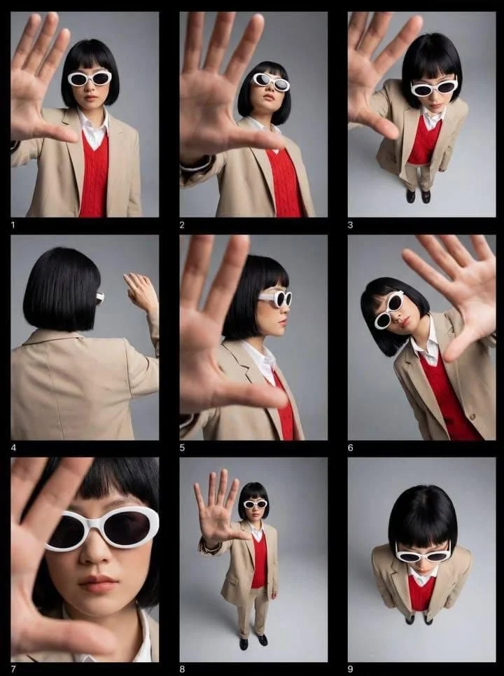 Editorial fashion contact sheet of a modern woman with a