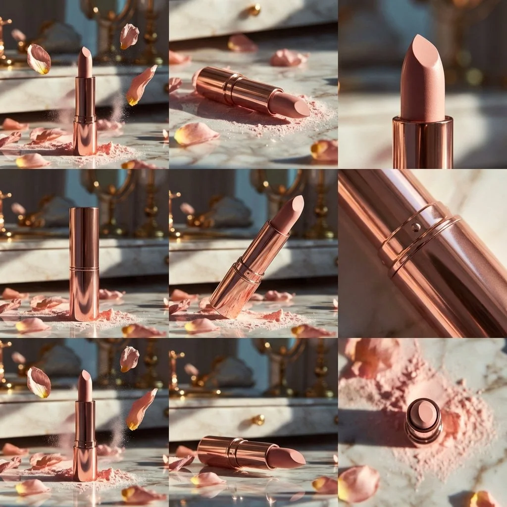 Elegant rose-gold lipstick standing upright on a
