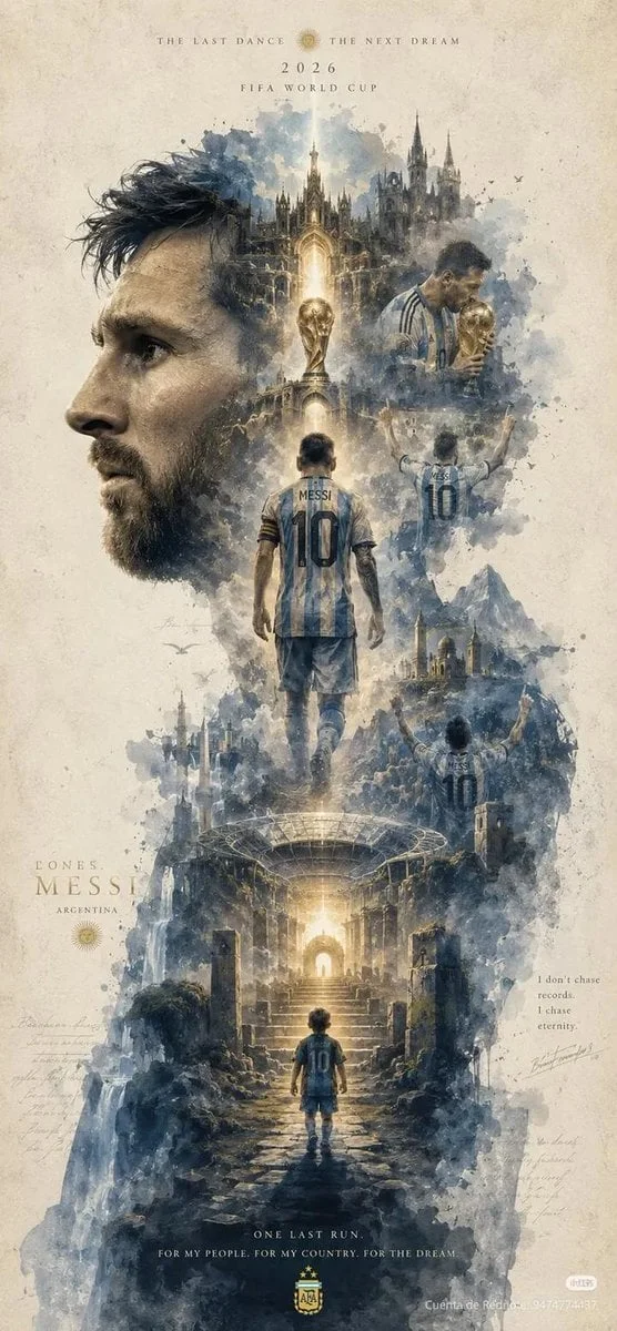 Epic cinematic watercolor poster of Lionel Messi giant