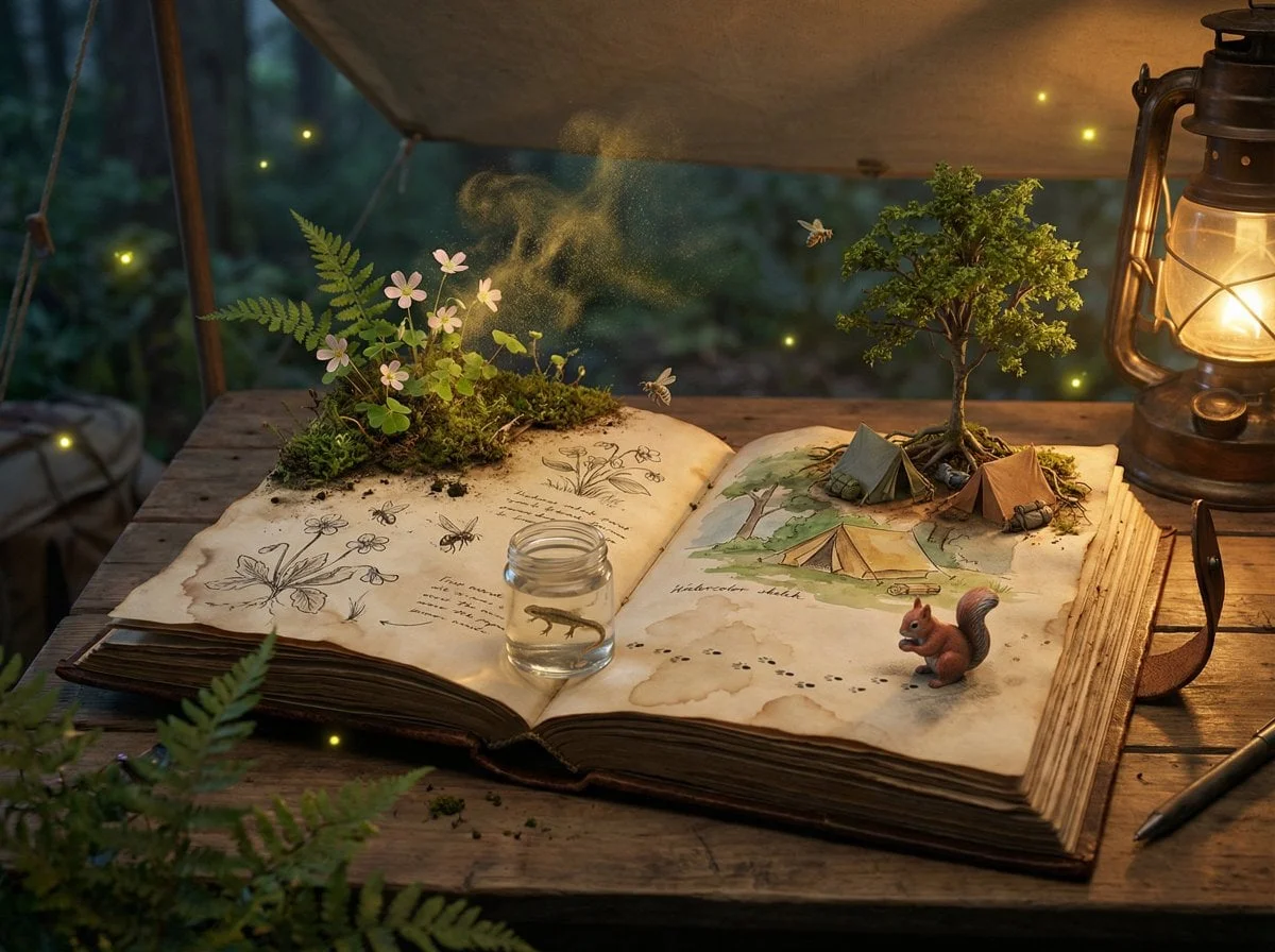 Epic 3D scene a weathered field journal lies open on a