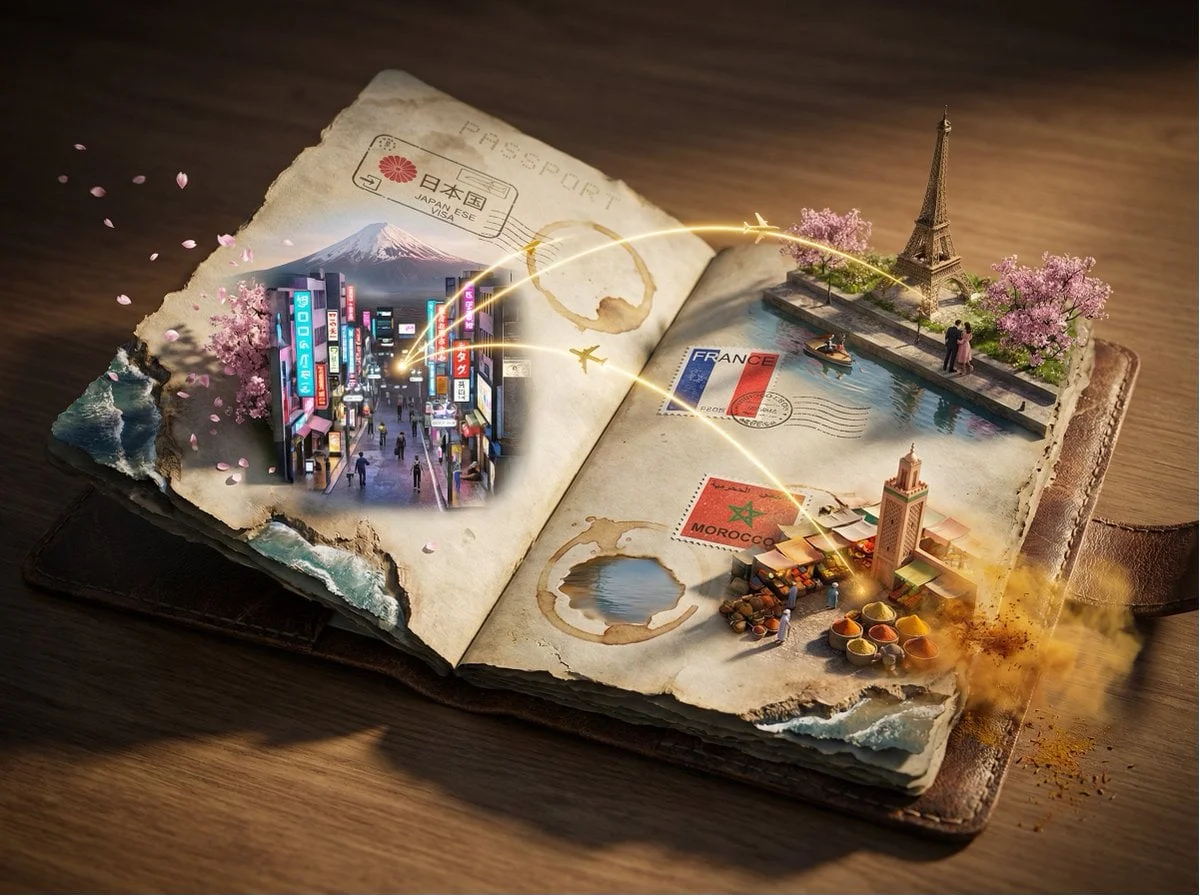 Epic 3D scene a weathered passport lies open its visa
