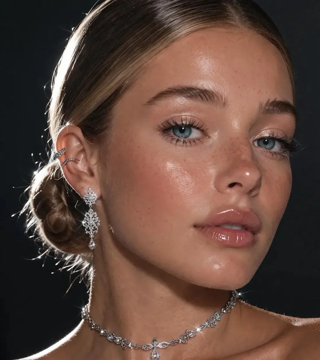 An extreme close-up focusing on a pretty lady s face and